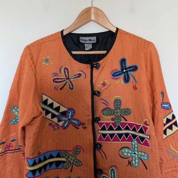 Indigo Moon Orange Jacket M Patchwork Appliqué Embroidered Floral Glass Buttons - Picture 5 of 14